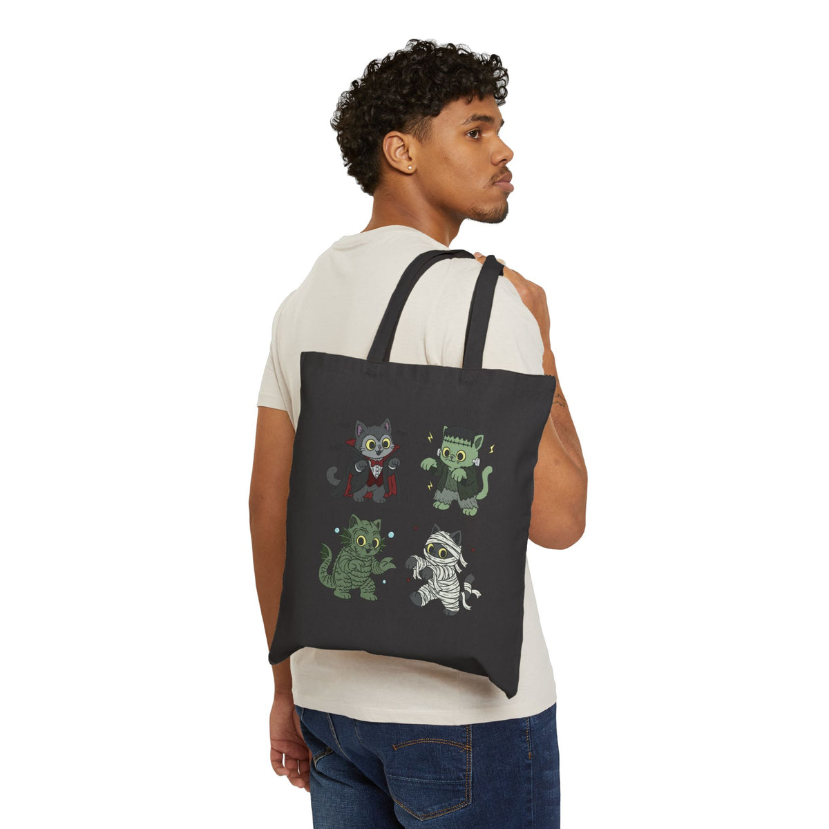 Halloween Monster Cats Cotton Tote Bag — Cute Vampire, Mummy, Frankenstein & Zombie Kitties