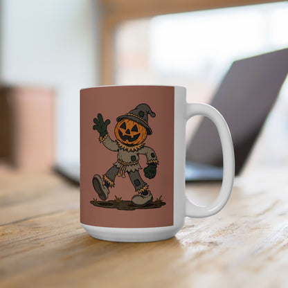 Pumpkin Head Scarecrow Ceramic Mug — Retro Scarecrow Coffee Cup (11oz & 15oz)