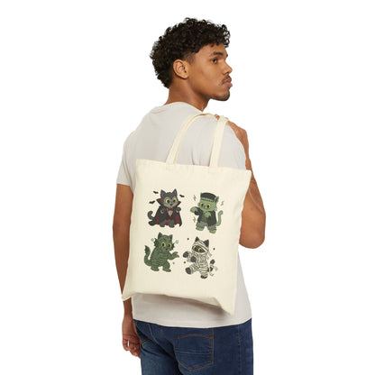 Halloween Monster Cats Cotton Tote Bag — Cute Vampire, Mummy, Frankenstein & Zombie Kitties
