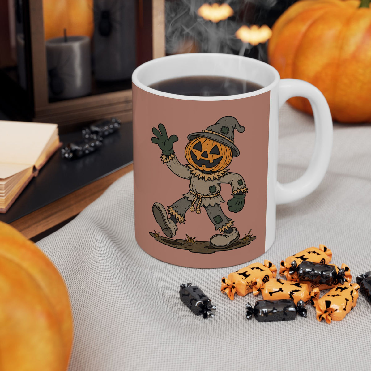 Pumpkin Head Scarecrow Ceramic Mug — Retro Scarecrow Coffee Cup (11oz & 15oz)